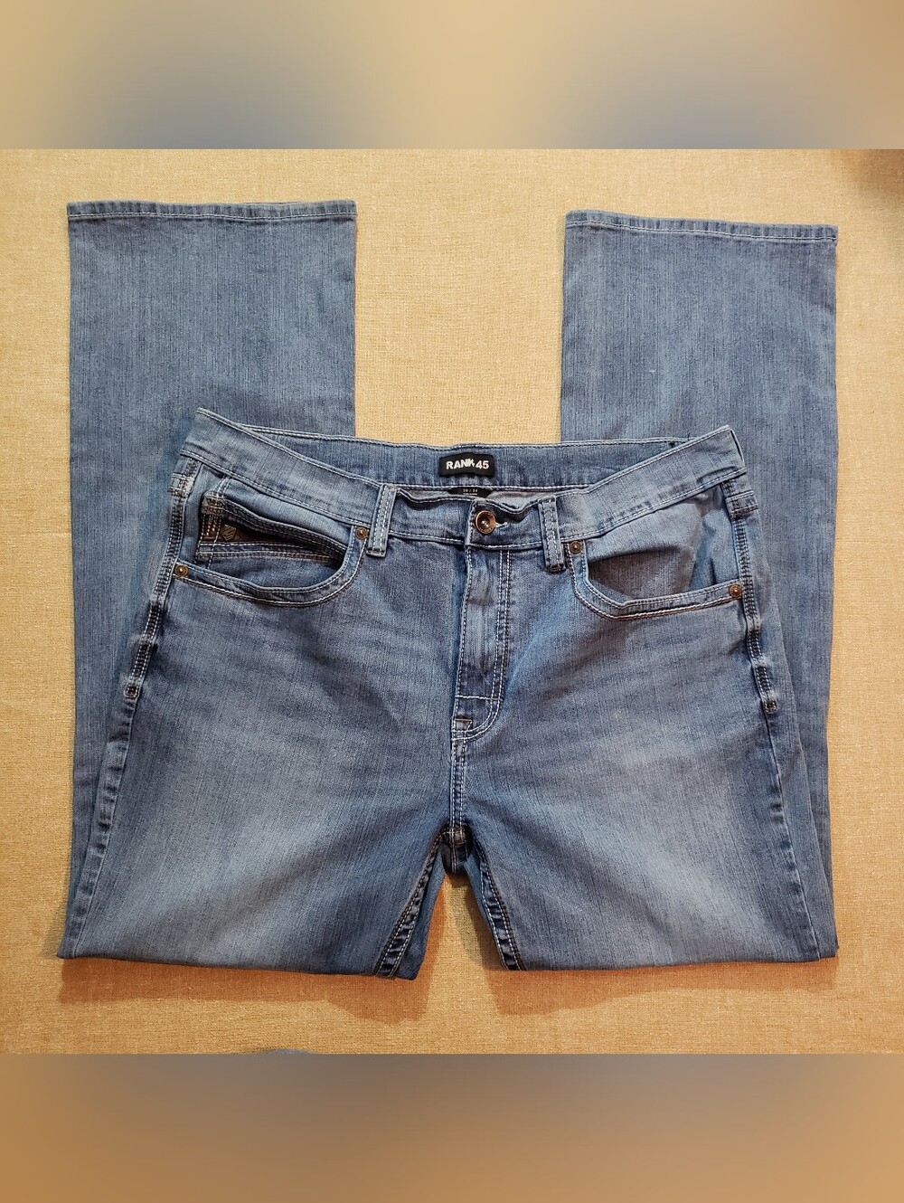 Rank 45 Mens Bootcut Jeans 38x32 Light Wash Stretch Denim Western